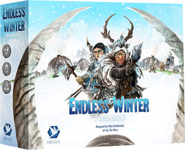 Endless Winter Paleoamericans game box by Fantasia Games featuring dynamic artwork of two characters, one in a fur-lined hood wielding a spear and the other holding a weapon, set in a snow-covered landscape with ancient settlement structures in the background. The box displays strategic gameplay elements and is designed for 1-4 players, taking 50-90 minutes to play.
