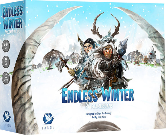 Endless Winter Paleoamericans game box by Fantasia Games featuring dynamic artwork of two characters, one in a fur-lined hood wielding a spear and the other holding a weapon, set in a snow-covered landscape with ancient settlement structures in the background. The box displays strategic gameplay elements and is designed for 1-4 players, taking 50-90 minutes to play.