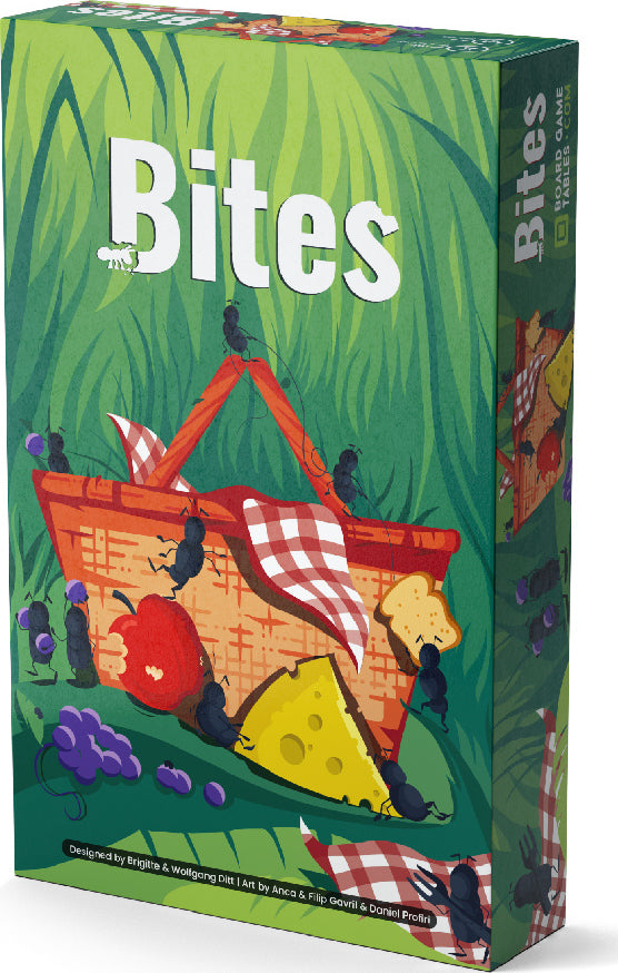 The Bites board game by Allplay features a vibrant design depicting a picnic basket surrounded by ants and various foods including cheese, grapes, and strawberries on a grassy background. The game's title is prominently displayed in large white letters, and the box features colorful artwork with a playful theme.
