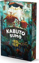 Kabuto Sumo board game by Allplay featuring vibrant box art. The design showcases colorful beetles engaged in sumo wrestling, with a whimsical backdrop of a mystical forest and a decorative stage. The title 'Kabuto Sumo' is prominently displayed in bold white lettering, emphasizing its playful theme.