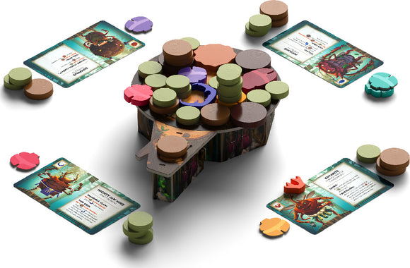 Kabuto Sumo by Allplay is an engaging game featuring a beautifully designed central board surrounded by various colorful tokens. The gameplay includes strategy cards placed around the board, providing players with unique abilities and challenges while attempting to outsmart opponents. Ideal for family game nights or gatherings, this game encourages interaction and fun.