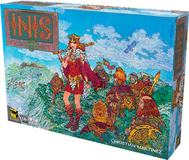 INIS board game box featuring intricate artwork by Christian Martinez. The cover depicts a regal figure adorned in red, surrounded by characters in a lush landscape, capturing the essence of mythical adventure and strategy. Suitable for ages 14 and up.