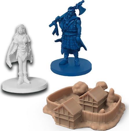 Three detailed game components from the INIS board game by Matagot, featuring a blue miniature of a warrior with an axe, a white miniature of a character in flowing attire, and a sand-colored terrain piece resembling a small village with houses and rocks.