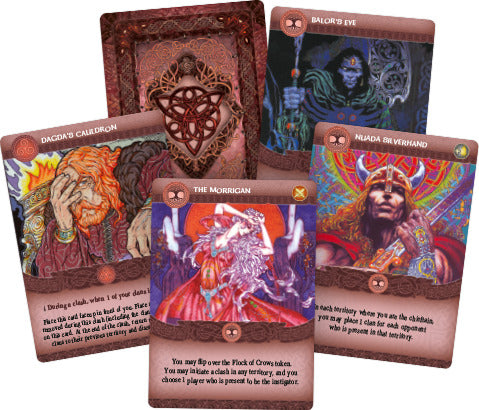 INIS Board Game from Matagot featuring beautifully illustrated game cards. Cards display unique characters and mythological themes, including 'The Morrigan,' 'Balor's Eye,' and 'Dagda's Cauldron,' perfect for strategy-based gameplay and player interaction.