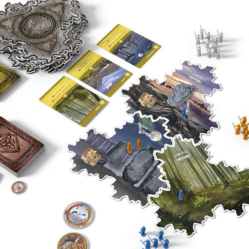 An engaging board game by Matagot titled INIS, featuring colorful game pieces, beautifully designed modular tiles representing various landscapes, strategic cards, and tokens. The game is set up for players to explore and conquer territories in a unique Irish mythological theme, showcasing the immersive elements and creative artwork.