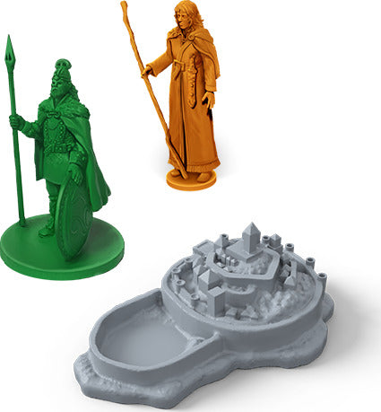 INIS board game featuring colorful character miniatures and a beautifully detailed game board. The set includes a green warrior holding a spear, an orange sorceress wielding a staff, and a gray game board representing a mystical island. Ideal for strategy lovers and game nights, this exciting game invites players to explore Celtic legends and vie for control.