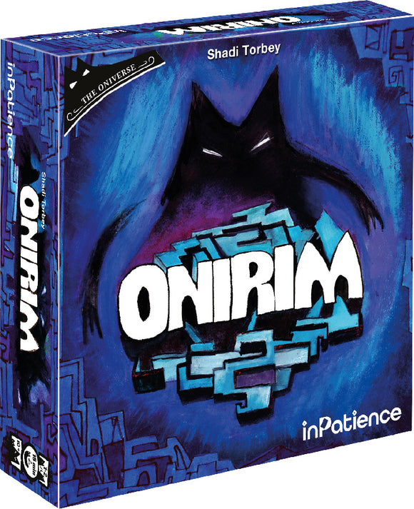 Onirim (Second Edition) game box by InPatience featuring a vibrant design with a dark, mysterious cat-like figure against a blue and purple background. The title 'Onirim' is prominently displayed in bold, white letters.
