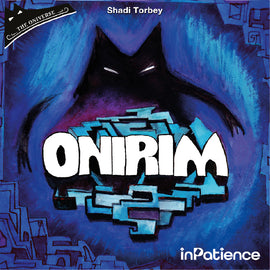 Onirim (Second Edition) board game cover featuring a mysterious black creature with glowing eyes against a blue and purple abstract background. The game's title 'ONIRIM' is prominently displayed in bold white letters, with the publisher 'inPatience' and designer 'Shadi Torbey' noted.