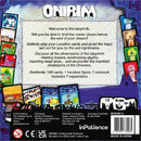 Onirim (Second Edition) game box featuring colorful Location cards, an Incubus figure, and a description of gameplay. The game invites players to explore a labyrinth filled with traps and nightmares, aiming to find oneiric doors before time runs out. Includes 169 cards, 1 Incubus figure, 1 rulebook, and 7 expansions.