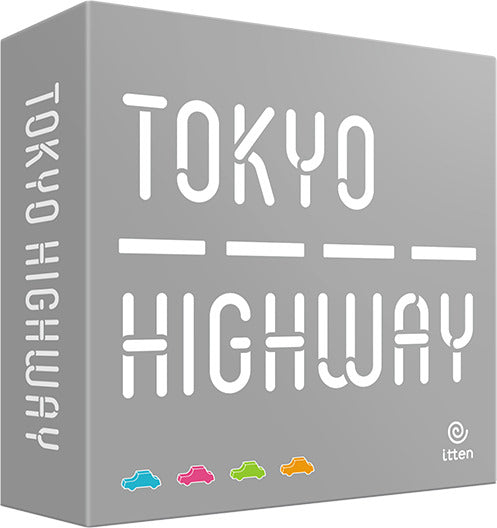 The Tokyo Highway game by Itten features a sleek, modern box design in grey. The title is prominently displayed in bold white letters with vibrant colored car icons at the bottom, representing fun and strategy in gameplay. Perfect for family game nights or gatherings.