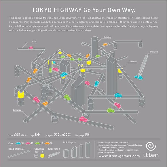 Tokyo Highway game by Itten featuring a complex construction setup. Players utilize colorful roadways and buildings to create unique highways, encouraging strategic thinking and creativity. Suitable for 2-4 players, age 8 and up, with a gameplay time of about 30 minutes.