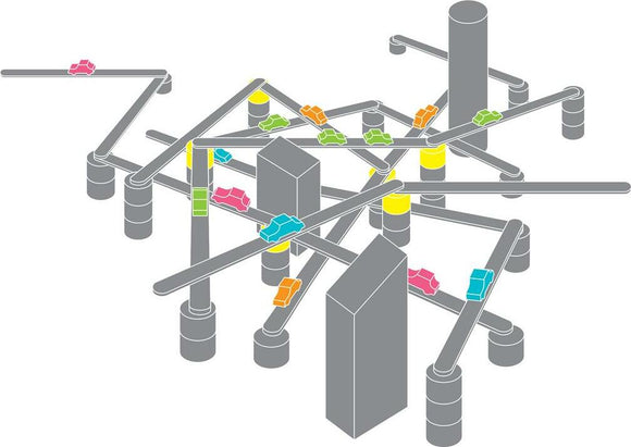 Tokyo Highway game by Itten featuring a complex, colorful roadway design. The image displays various cars in vibrant colors navigating a multi-layered highway system constructed from gray beams and pillars.