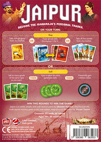 The back cover of the Jaipur (New Edition) game by Space Cowboys, featuring colorful illustrations of traders and cards. Instructions highlight game mechanics, including buying and selling actions, and outline conditions for winning. The design includes icons and text to explain how to play, suitable for ages 10 and up. The artwork showcases a vibrant, market-themed layout with characters engaged in trade.