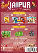 The back cover of the Jaipur (New Edition) game by Space Cowboys, featuring colorful illustrations of traders and cards. Instructions highlight game mechanics, including buying and selling actions, and outline conditions for winning. The design includes icons and text to explain how to play, suitable for ages 10 and up. The artwork showcases a vibrant, market-themed layout with characters engaged in trade.