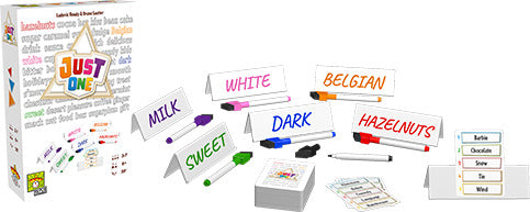 Just One board game by Repos, featuring a colorful box displaying the game title and various clue cards labeled Milk, White, Sweet, Dark, Belgian, and Hazelnuts, along with a marker and scoring pad, illustrating a fun group activity.