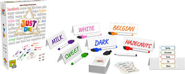 Just One board game by Repos, featuring a colorful box displaying the game title and various clue cards labeled Milk, White, Sweet, Dark, Belgian, and Hazelnuts, along with a marker and scoring pad, illustrating a fun group activity.