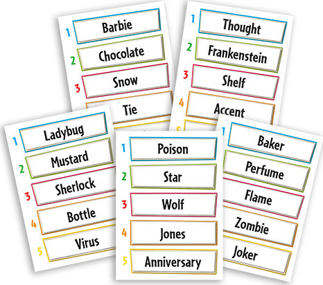 A vibrant assortment of game cards from the party game 'Just One' by Repos. The cards display various words like 'Barbie', 'Chocolate', 'Ladybug', and 'Thought' in colorful boxes, indicating the gameplay involves creating unique associations and clues. Each card has a numbered grid to suggest points or categories with a fun and engaging mix of themes for players.