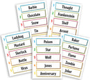 A vibrant assortment of game cards from the party game 'Just One' by Repos. The cards display various words like 'Barbie', 'Chocolate', 'Ladybug', and 'Thought' in colorful boxes, indicating the gameplay involves creating unique associations and clues. Each card has a numbered grid to suggest points or categories with a fun and engaging mix of themes for players.