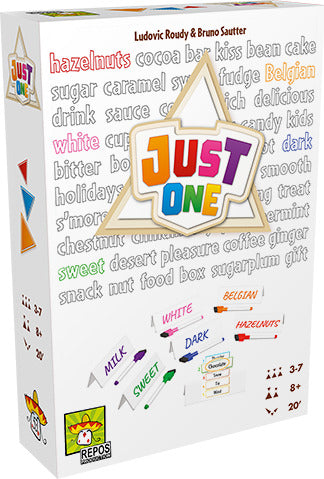 The game 'Just One' by Repos, featuring a colorful box design with the title prominently displayed. The background includes various words associated with the game, such as 'hazelnuts', 'Belgian', 'white', 'dark', and other descriptive terms related to food and flavors. The packaging is bright and engaging, ideal for family fun and social gatherings.