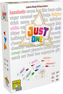 The game 'Just One' by Repos, featuring a colorful box design with the title prominently displayed. The background includes various words associated with the game, such as 'hazelnuts', 'Belgian', 'white', 'dark', and other descriptive terms related to food and flavors. The packaging is bright and engaging, ideal for family fun and social gatherings.