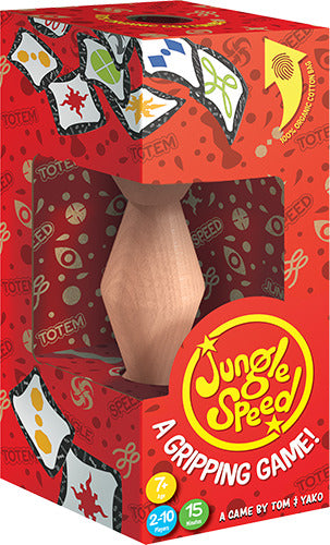 Jungle Speed Eco Pack game by Zygomatic, featuring a wooden totem and colorful cards displayed in a vibrant red box. The packaging highlights its fast-paced gameplay for 2-10 players aged 7 and up, promising fun for family and friends with quick reflexes in a gripping game setting.