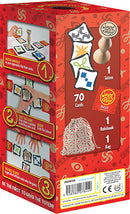 Jungle Speed Eco Pack by Zygomatic features a vibrant red packaging showcasing the components of the game, including a wooden totem, 70 cards, a rulebook, and a drawstring bag. Illustrated instructions guide through the gameplay, emphasizing fast reactions and focus. Ideal for family and friends, this eco-friendly version promotes engaging and competitive fun.
