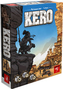 Kero board game by Hurrican featuring a striking cover art with a lone figure on a rocky cliff in a desert landscape. The title 'KERO' is prominently displayed at the top, showcasing the adventurous spirit of the game. Ideal for 2 to 4 players, ages 9 and up, offering a fun gameplay experience that lasts around 30 minutes.