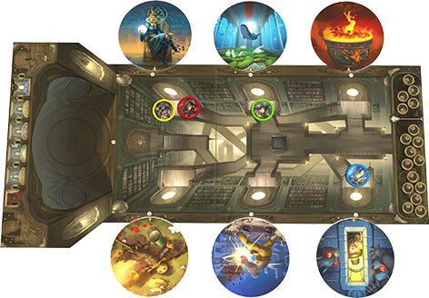 Obscurio by Libellud is a captivating board game featuring a richly illustrated game board set in a mysterious library. Game pieces are positioned around the board, with vibrant character tokens and challenge icons showcasing a blend of fantasy elements. The intricate artwork and immersive design invite players into a world of puzzles and deduction, making it a perfect choice for game nights.