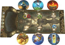 Obscurio by Libellud is a captivating board game featuring a richly illustrated game board set in a mysterious library. Game pieces are positioned around the board, with vibrant character tokens and challenge icons showcasing a blend of fantasy elements. The intricate artwork and immersive design invite players into a world of puzzles and deduction, making it a perfect choice for game nights.