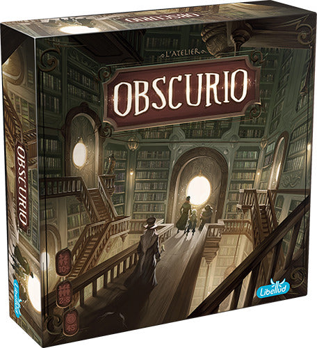 Obscurio board game by Libellud featuring a mysterious library setting. The box displays intricate artwork of characters navigating a labyrinth of bookshelves, with a glowing doorway hinting at adventure. A dark and immersive aesthetic invites players into a world of intrigue and strategy.