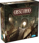 Obscurio board game by Libellud featuring a mysterious library setting. The box displays intricate artwork of characters navigating a labyrinth of bookshelves, with a glowing doorway hinting at adventure. A dark and immersive aesthetic invites players into a world of intrigue and strategy.