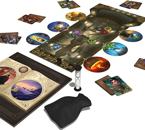 Obscurio board game by Libellud, featuring a richly illustrated game board, various character cards, an hourglass timer, and a storybook. The game involves players solving mysteries and collaborating to uncover hidden truths while navigating the captivating visual elements.