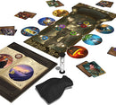 Obscurio board game by Libellud, featuring a richly illustrated game board, various character cards, an hourglass timer, and a storybook. The game involves players solving mysteries and collaborating to uncover hidden truths while navigating the captivating visual elements.