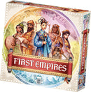 The board game 'First Empires' by Sand Castle showcases beautifully illustrated characters from different cultures, each representing a ruler from ancient civilizations. The box features a vibrant design with a rich color palette, highlighting the theme of empire building and strategic gameplay.