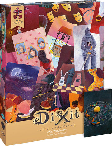 The 'Red MishMash' jigsaw puzzle by Asmodee features a vibrant and artistic collage of illustrations including whimsical characters, masks, and various enchanting scenes. The puzzle box is adorned with colorful graphics showcasing elements from the artwork, inviting users to piece together this imaginative collection.