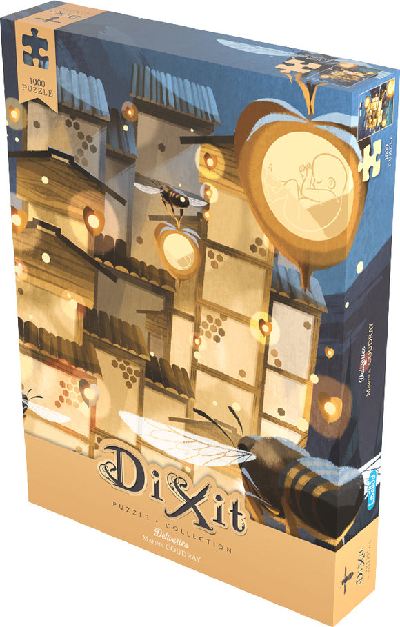 The packaging of the "Deliveries" jigsaw puzzle from Asmodee features an artistic illustration of beehives, bees, and glowing orbs, reflecting a whimsical theme in warm colors. The puzzle consists of 1000 pieces and is part of the Dixit Puzzle Collection, designed by Marie Coudray.