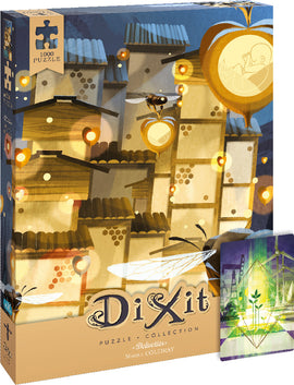 Asmodee's 'Deliveries' is a 1000-piece jigsaw puzzle featuring a whimsical illustrated scene with glowing lights, honeycombs, and bees. The puzzle box showcases vibrant artwork by Marina Coudray, capturing a magical atmosphere. A smaller card with a unique design is also included.