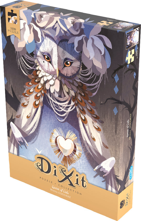 Packaging of the Queen of Owls jigsaw puzzle by Asmodee, featuring a beautifully illustrated owl with intricate feather patterns and floral accents. The puzzle contains 1000 pieces and is part of the Dixit Puzzle Collection, showcasing artistic design and vibrant colors.