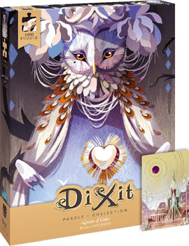 Queen of Owls jigsaw puzzle by Asmodee, featuring a beautifully illustrated owl with intricate patterns and vibrant colors. The box displays the title and the artist's name, Marina Coudray. The puzzle includes 1000 pieces.