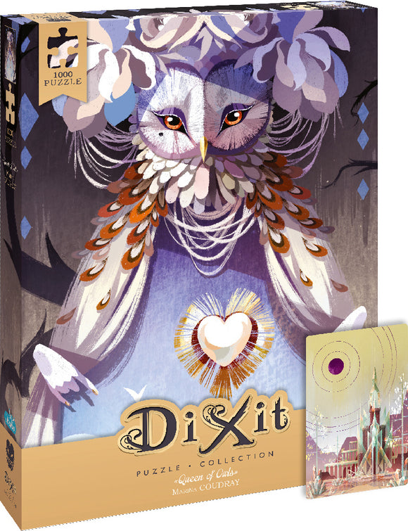 Queen of Owls jigsaw puzzle by Asmodee, featuring a beautifully illustrated owl with intricate patterns and vibrant colors. The box displays the title and the artist's name, Marina Coudray. The puzzle includes 1000 pieces.