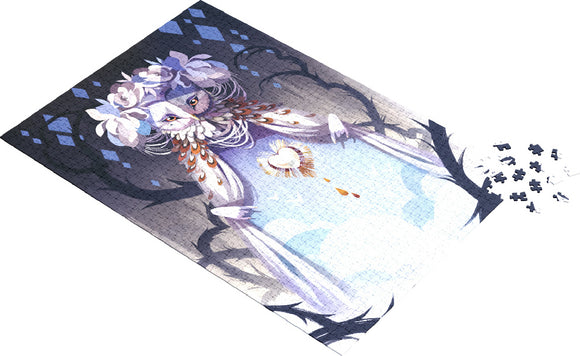 The 'Queen of Owls' jigsaw puzzle featuring an intricate illustration of a regal, owl-like figure adorned with floral elements and colorful details, set against a mystical background. Several puzzle pieces are spread around, showcasing the challenge of assembling this enchanting artwork.