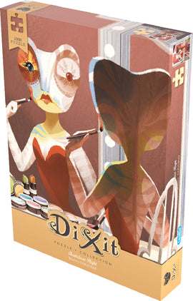 Chameleon Night jigsaw puzzle by Asmodee featuring a whimsical illustration of a colorful character applying makeup. The box showcases vibrant artwork and includes various beauty products, enhancing its artistic appeal. This 1000-piece puzzle offers a fun challenge for puzzle enthusiasts and art lovers alike.
