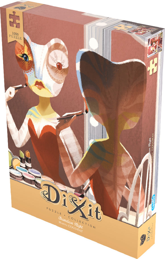 Chameleon Night jigsaw puzzle by Asmodee featuring a whimsical illustration of a colorful character applying makeup. The box showcases vibrant artwork and includes various beauty products, enhancing its artistic appeal. This 1000-piece puzzle offers a fun challenge for puzzle enthusiasts and art lovers alike.