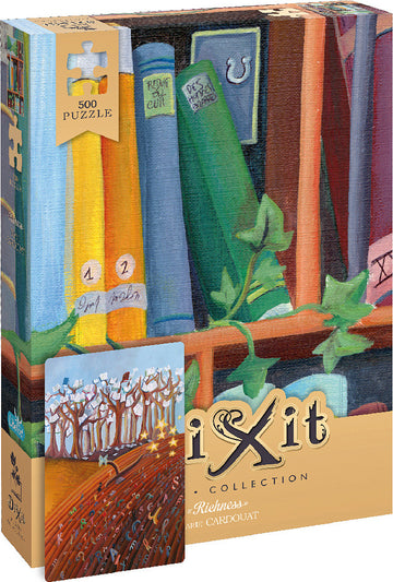 Jigsaw puzzle titled 'Richness' made by Asmodee, featuring a colorful design of books and a whimsical landscape with trees and floating pages. The box includes a depiction of an artistic scene, suggesting a vibrant and engaging puzzle experience for adults and children alike. A 500-piece challenge awaits enthusiasts of all ages who enjoy creative and fun activities.