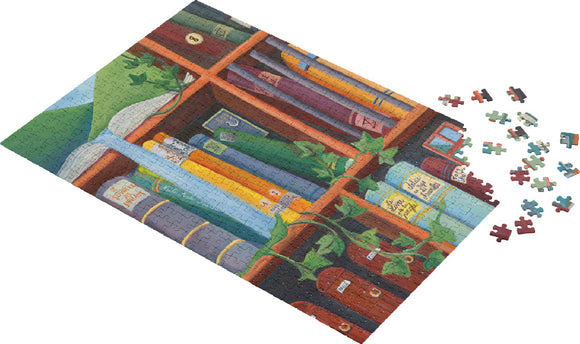 A colorful jigsaw puzzle titled 'Richness' by Asmodee depicting a cozy bookshelf filled with books and surrounded by green plant life. Several puzzle pieces are scattered around the partially completed puzzle.