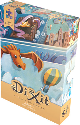 The Adventure jigsaw puzzle by Asmodee features a vibrant and imaginative scene. The box is adorned with whimsical illustrations including a dragon, a hot air balloon, and underwater elements, designed to inspire creativity and adventure. This puzzle contains 500 pieces, perfect for puzzle enthusiasts of all ages.