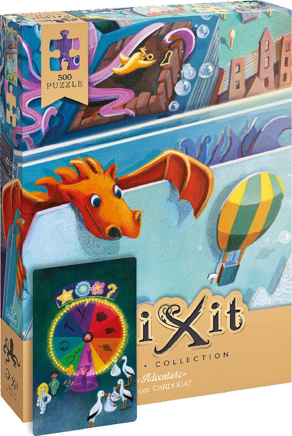 The 'Adventure' jigsaw puzzle by Asmodee features colorful artwork, including a dragon, whimsical scenes, and characters. The box showcases a bright design with a hint of adventure and entertainment, perfect for puzzle enthusiasts. It contains 500 pieces, inviting creativity and engagement.