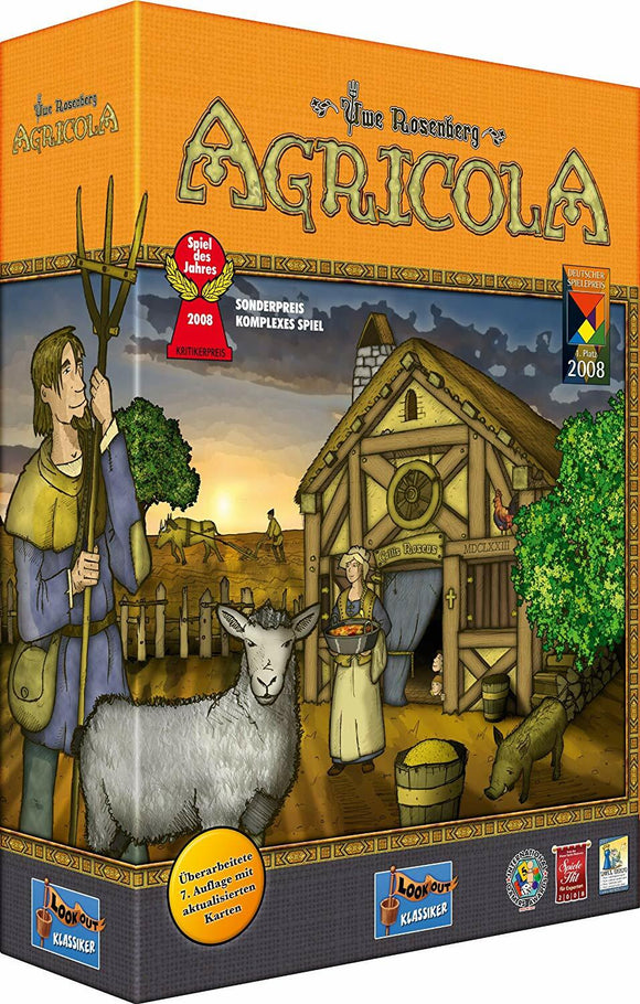 Agricola (Revised Edition) board game by Lookout Games featuring illustrated characters, a farm scene with a sheep and pig, and various farming elements. The box emphasizes its accolades and modern updates, capturing the essence of strategic, family-friendly gameplay.
