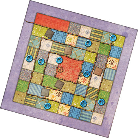 The Patchwork game by Lookout Games features a colorful board designed with various patterns, including squares and circles, arranged in a spiral layout. The board showcases vibrant colors like green, blue, and red, highlighted with decorative buttons and stitching elements, offering a cozy, artistic aesthetic. Perfect for family game nights and strategy enthusiasts.