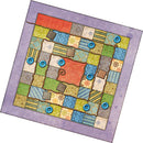 The Patchwork game by Lookout Games features a colorful board designed with various patterns, including squares and circles, arranged in a spiral layout. The board showcases vibrant colors like green, blue, and red, highlighted with decorative buttons and stitching elements, offering a cozy, artistic aesthetic. Perfect for family game nights and strategy enthusiasts.